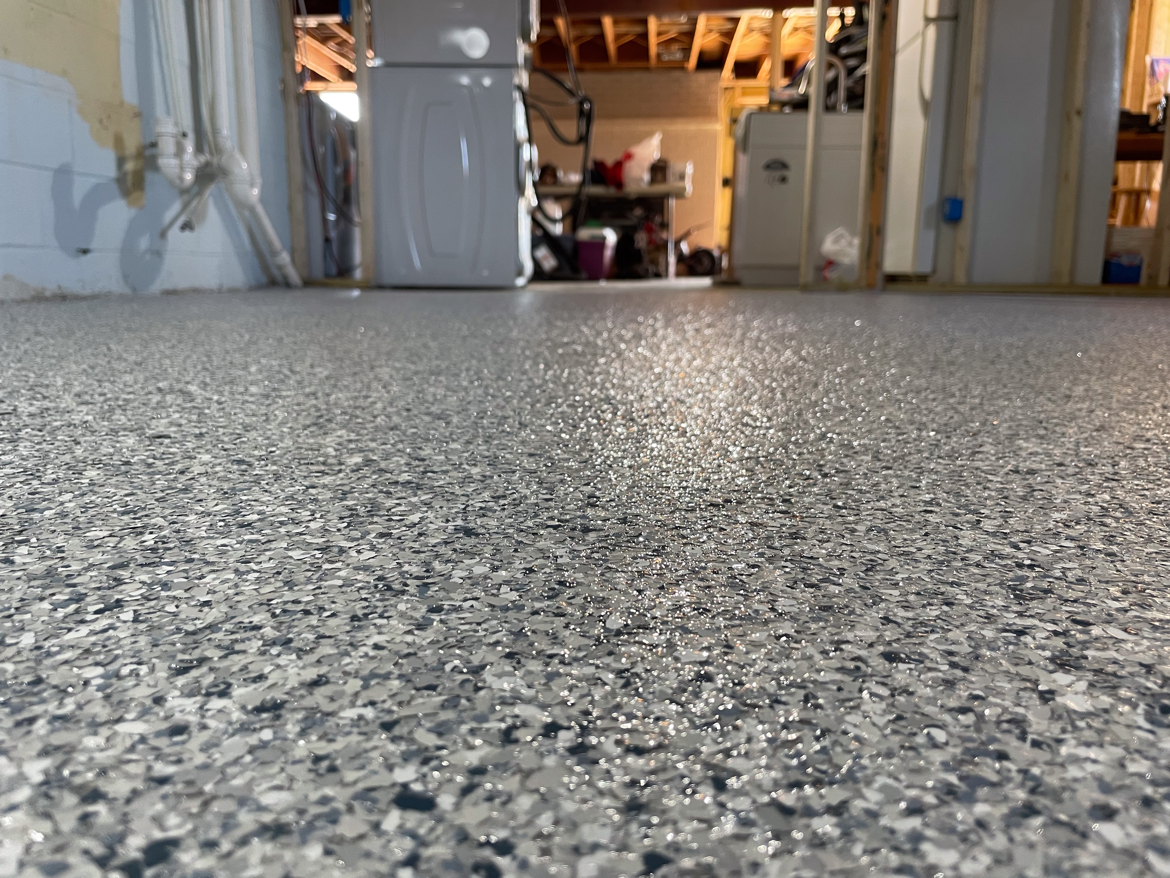 Close view of a finished vinyl flake floor